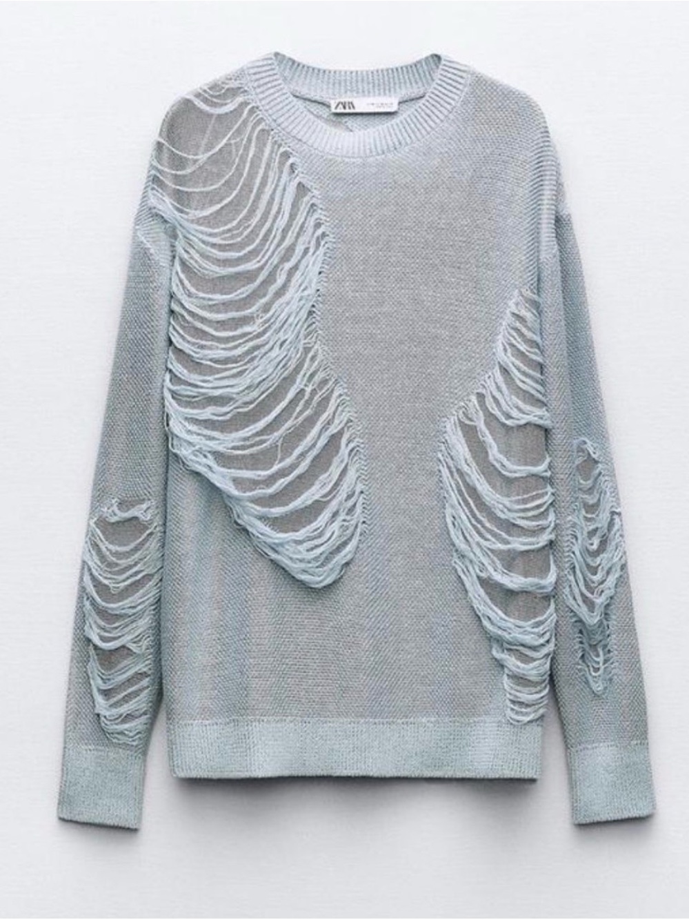 Zara Pale Blue Open-Knit Crewneck Sweater